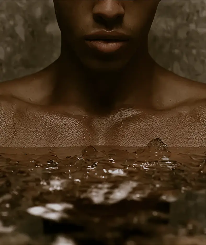 A person relaxes in a luxurious spa bath filled with rich, earthy water, embodying a sense of tranquility and wellness, promoting the concept of premium fitness and spa rejuvenation.