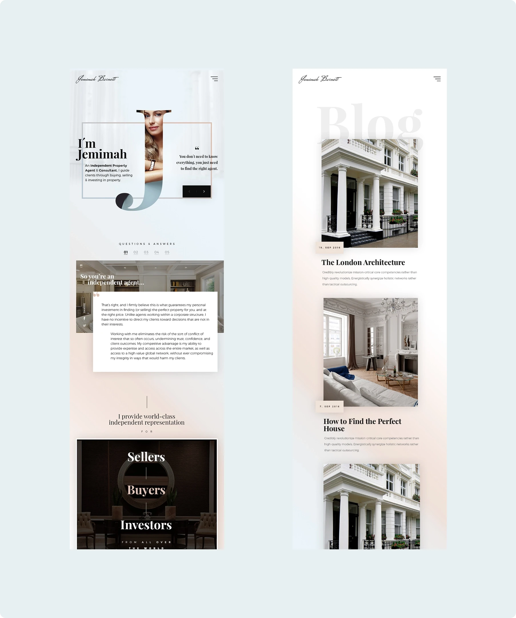 Two elegant editorial website layouts on a pale blue background: a personal brand page and an architecture blog featuring homes, interiors, and refined serif typography.