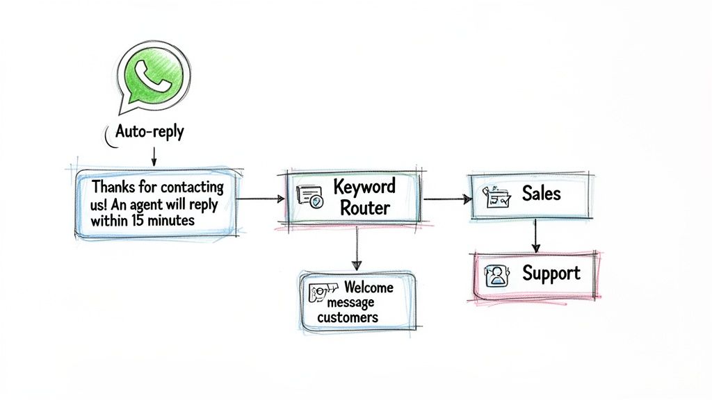 Flowchart illustrating WhatsApp message automation with auto-reply, keyword routing, sales, and support.