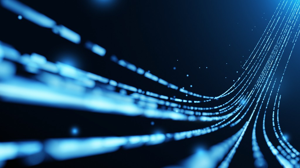 Abstract illustration of flowing blue digital lines representing data movement and system transformation.