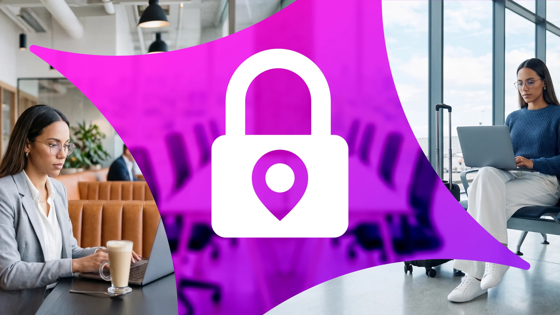 A professional woman working on a laptop in both a café and an airport terminal, flanking a large central padlock icon with a location pin. This thumbnail visualizes the disconnect between traditional office-based security and the reality of modern remote work, highlighting the need for location-independent identity protection.