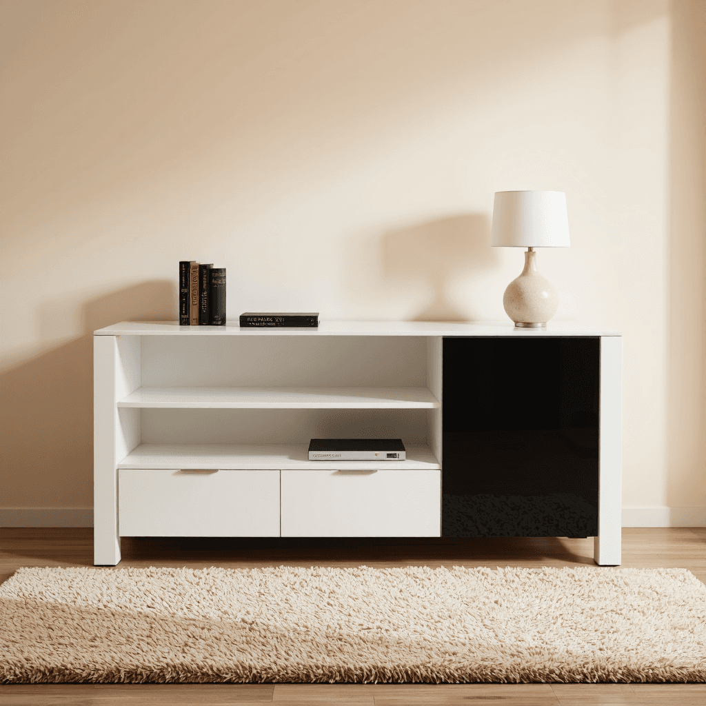 product photography of a modern TV stand with storage compartments