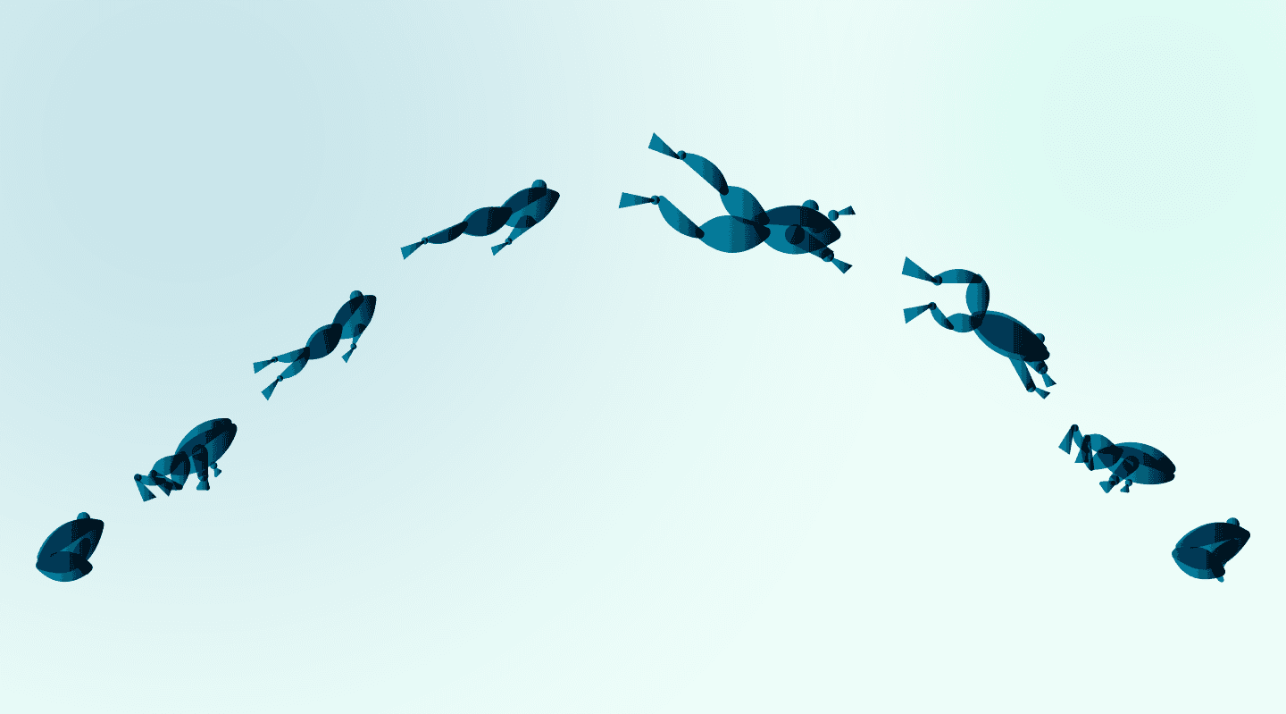 Sequence of abstract figures arranged in an arc, showing stages of a leaping motion from left to right. Each figure is composed of overlapping blue segments, progressing from a crouched pose to mid-air and landing again. The background is a smooth gradient from light aqua to white, evoking motion and lightness.