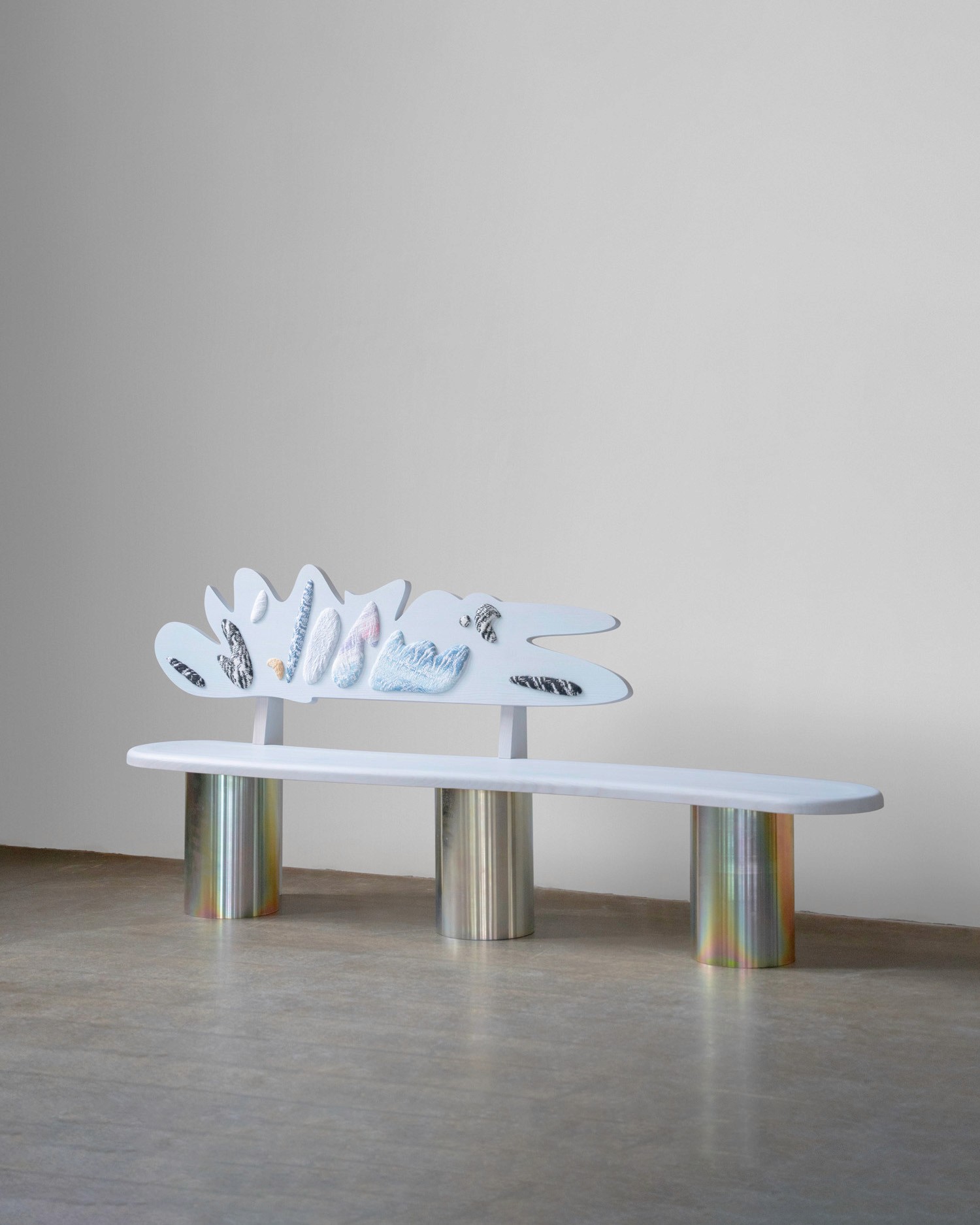 Cloudy Preludium sculptural bench with floating wooden silhouette and zinc plated steel legs by Jiri Krejcirik