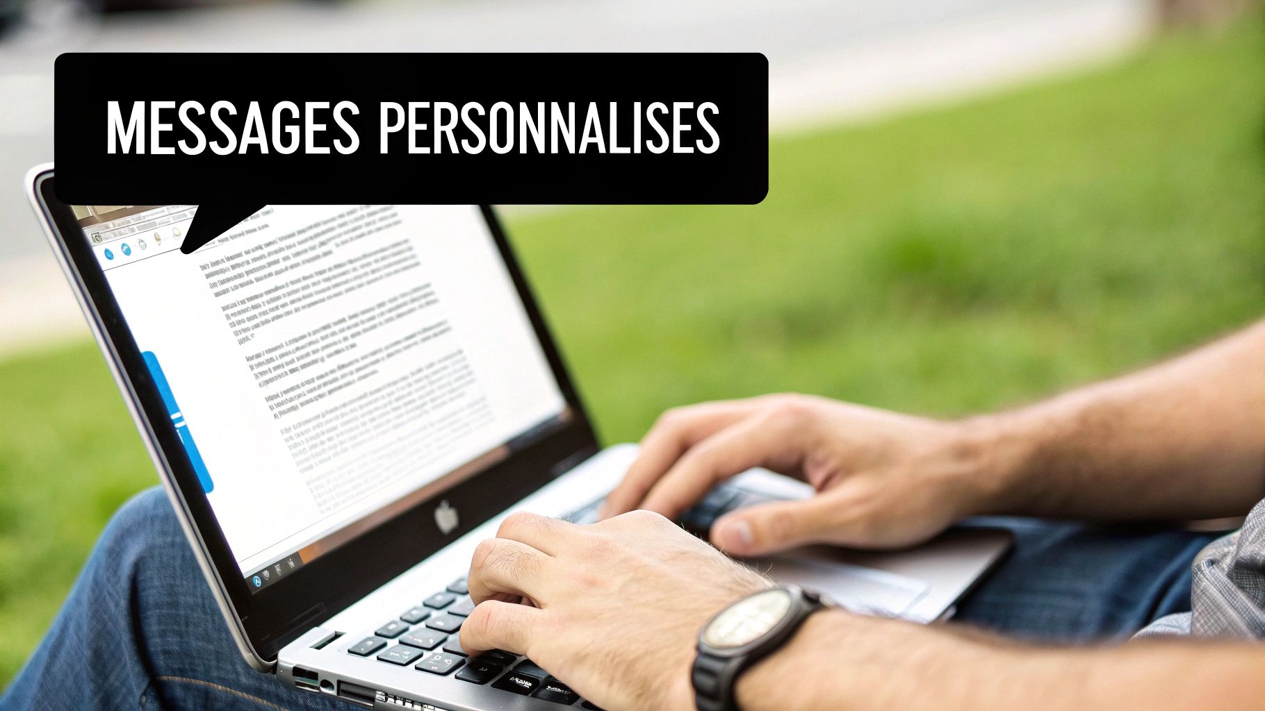 Un homme utilise un ordinateur portable en extérieur, avec une bulle de texte affichant « MESSAGES PERSONNALISES ».