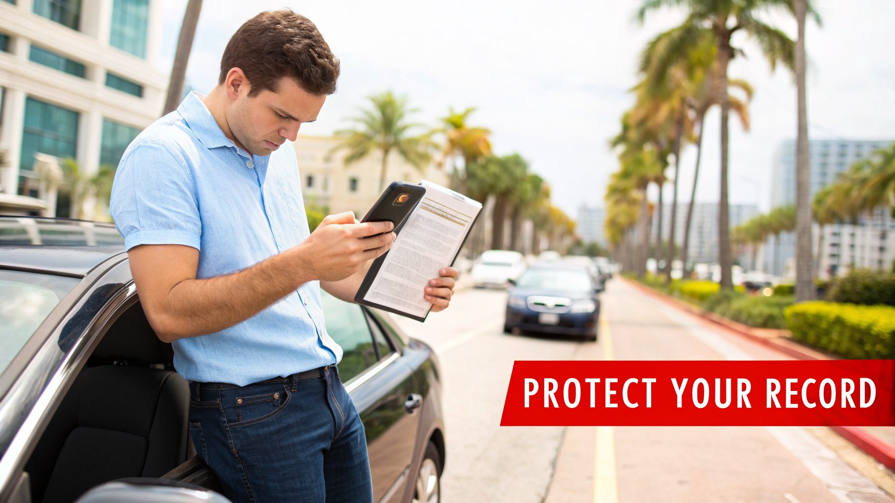 A man leaning on a car, checking his phone and documents on a sunny Miami street with palm trees.