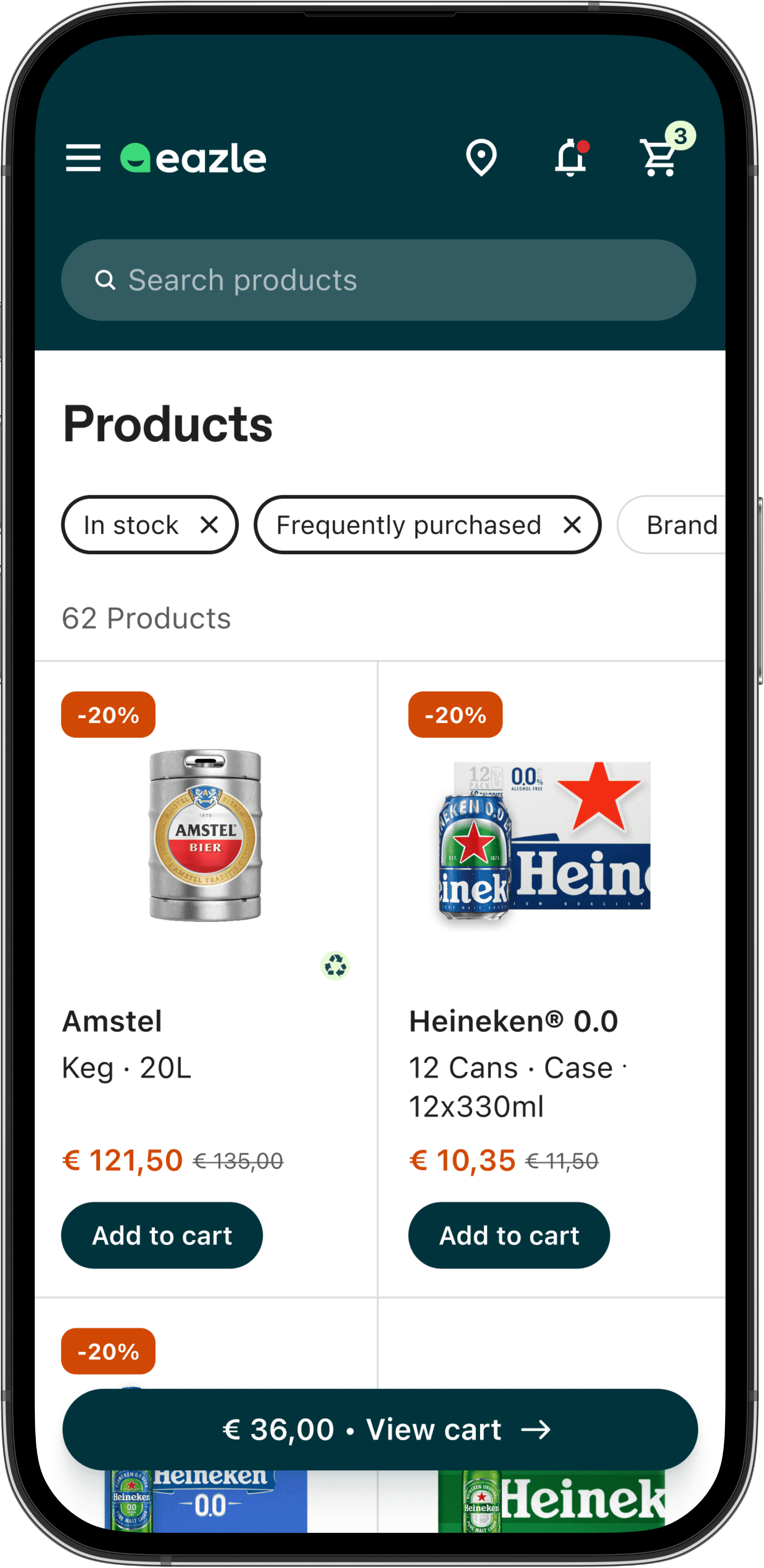 Mobile device showing products page