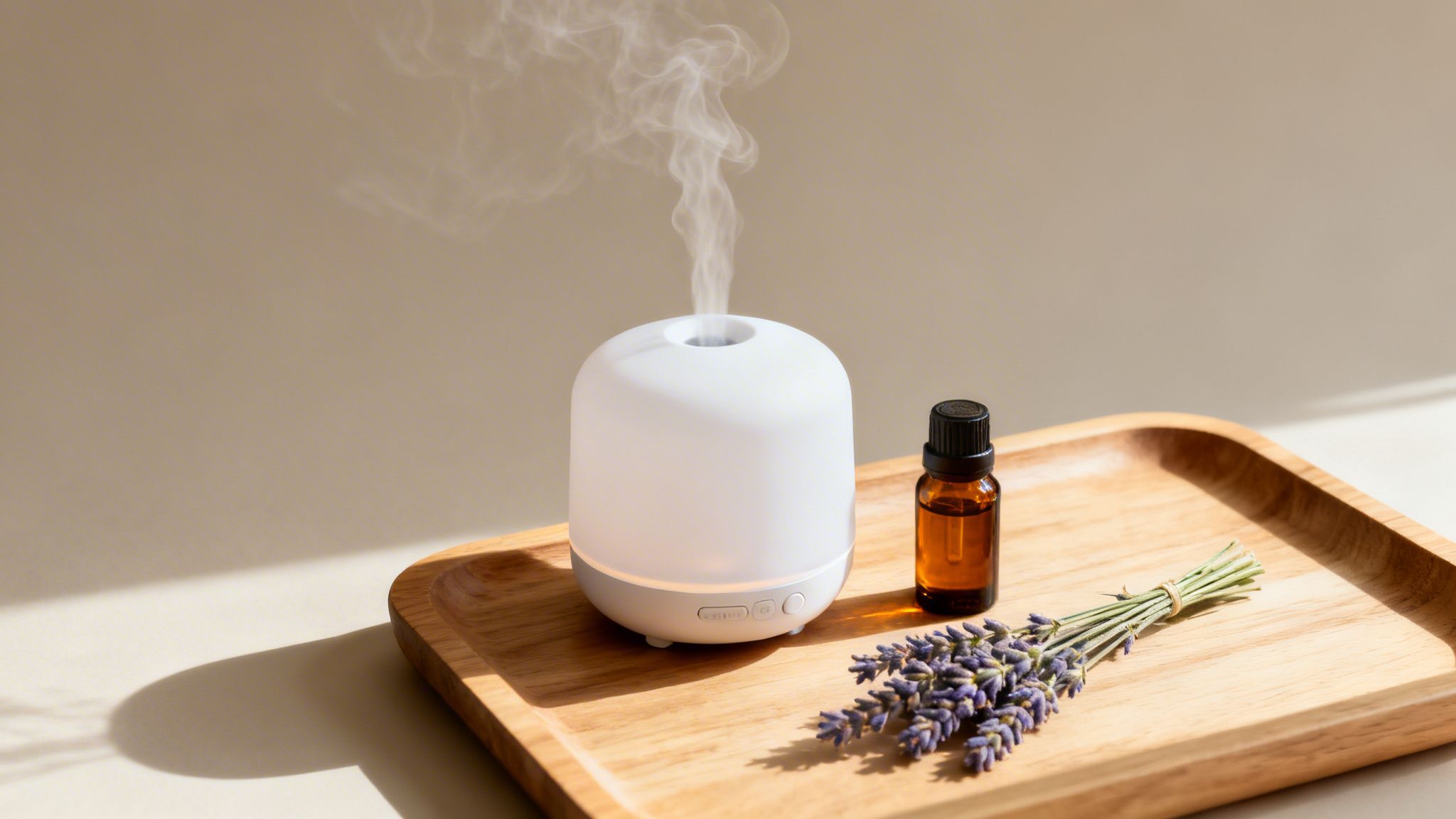 A white essential oil diffuser releasing steam, an amber bottle, and lavender on a wooden tray.