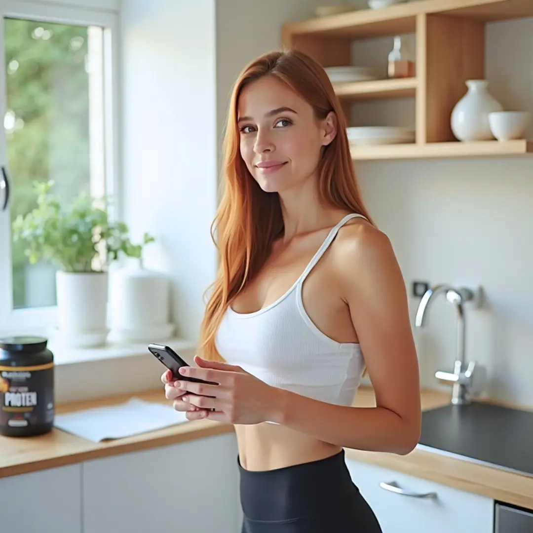 A woman in athletic wear holds her smartphone in a kitchen, illustrating an app feature that provides stock alerts for limited-availability products so users can act quickly when items are back in stock.