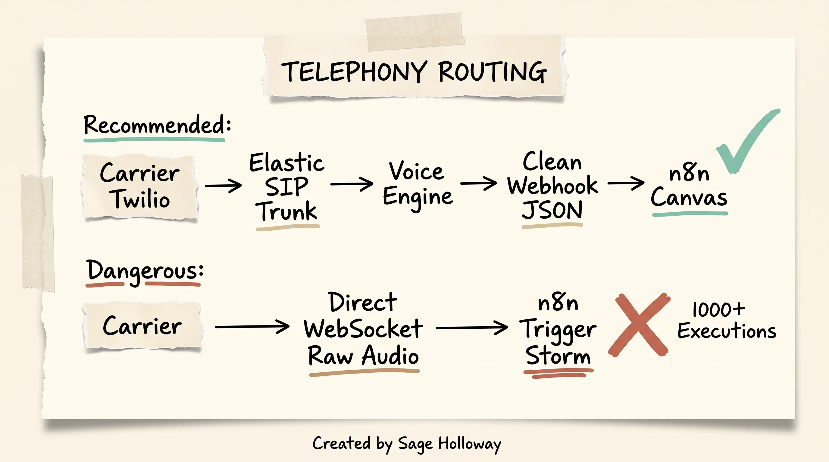 Scrapbook diagram of carrier elastic SIP trunking into a voice engine versus streaming raw audio to n8n