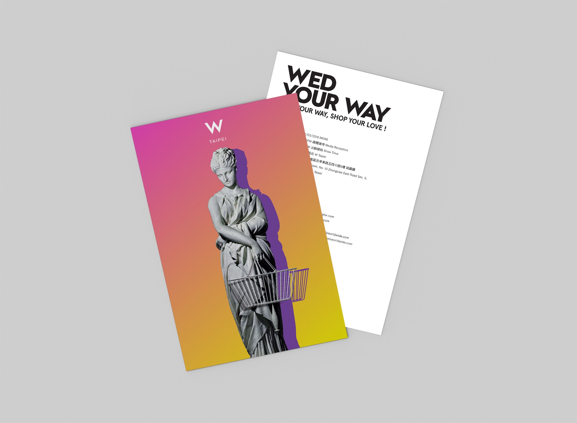 這張圖片展示了WED YOUR WAY的宣傳卡。卡片上有一個古典雕像，背景是粉色和橙色的漸層色。