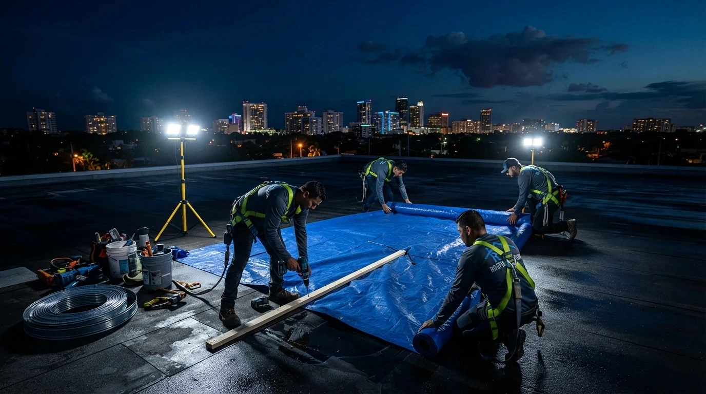 Roofing Network crew installing an emergency tarp and dry-in on a leaking flat roof in Fort Lauderdale at night
