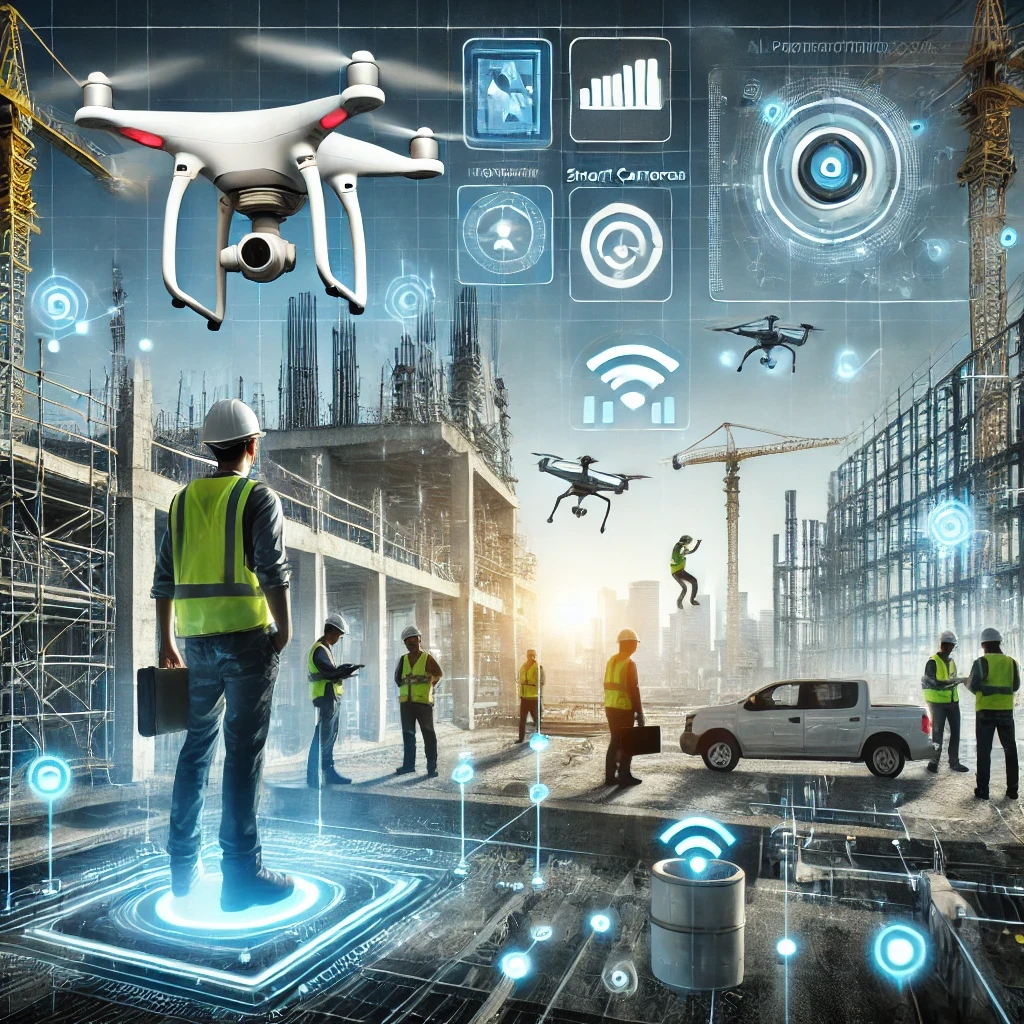 un chantier moderne équipé de drones et caméras intelligentes surveillant la sécurité des travailleurs, tout en intégrant des interfaces digitales pour analyser les données en temps réel.