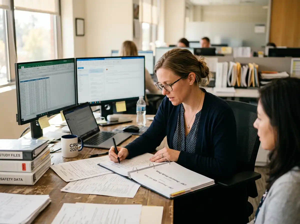Two colleagues reviewing documents at a desk with dual monitors