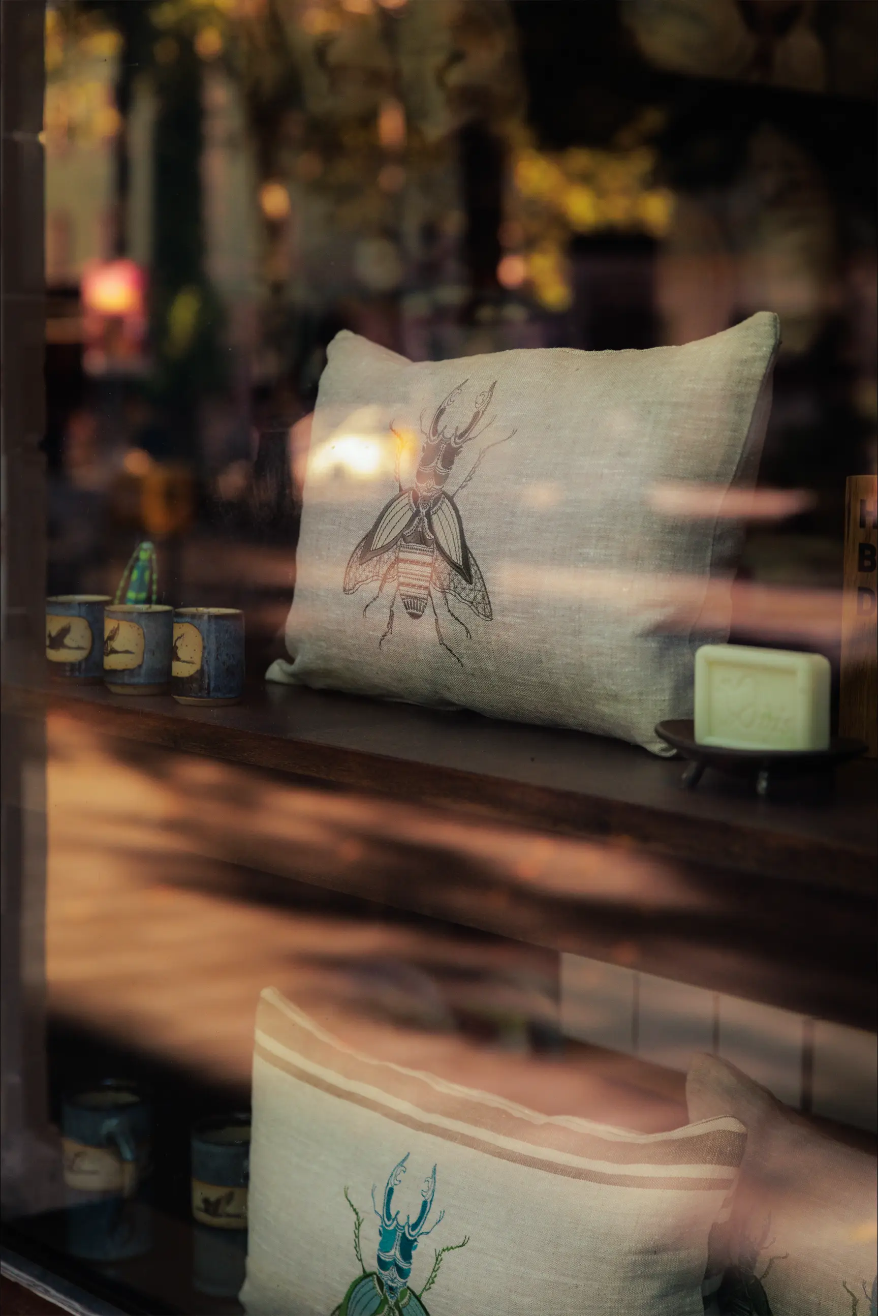 Leinenkissen mit handgesticktem Käfermotiv in der Schaufensterauslage