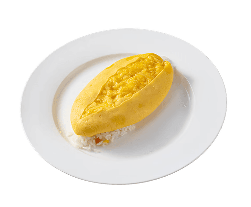 A perfectly cooked golden omelet, split open to reveal fluffy scrambled egg products, served atop white rice on a clean.