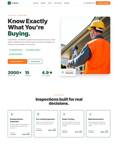 Home inspection website template preview with sample report section