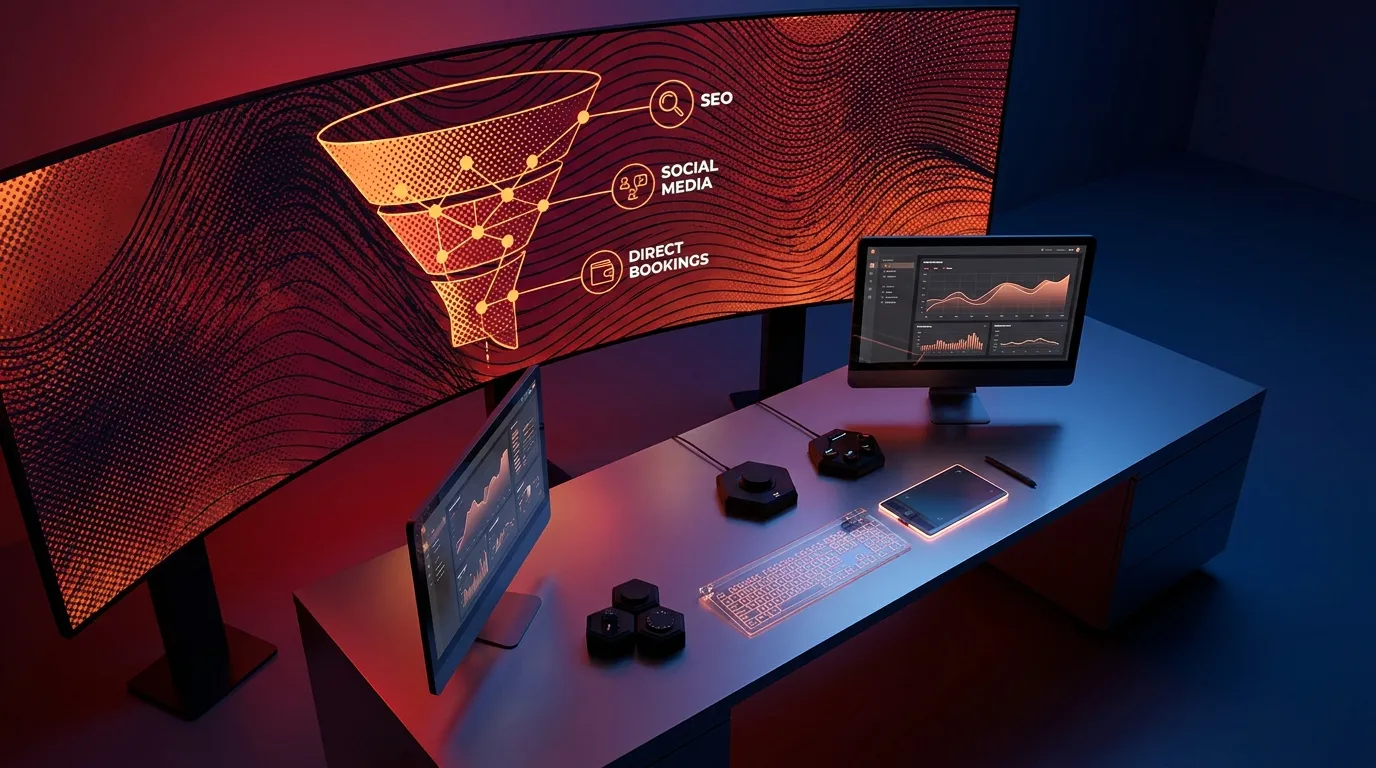 Digital Marketing setup by RockN' Socials with graphs and SEO funnel screens.