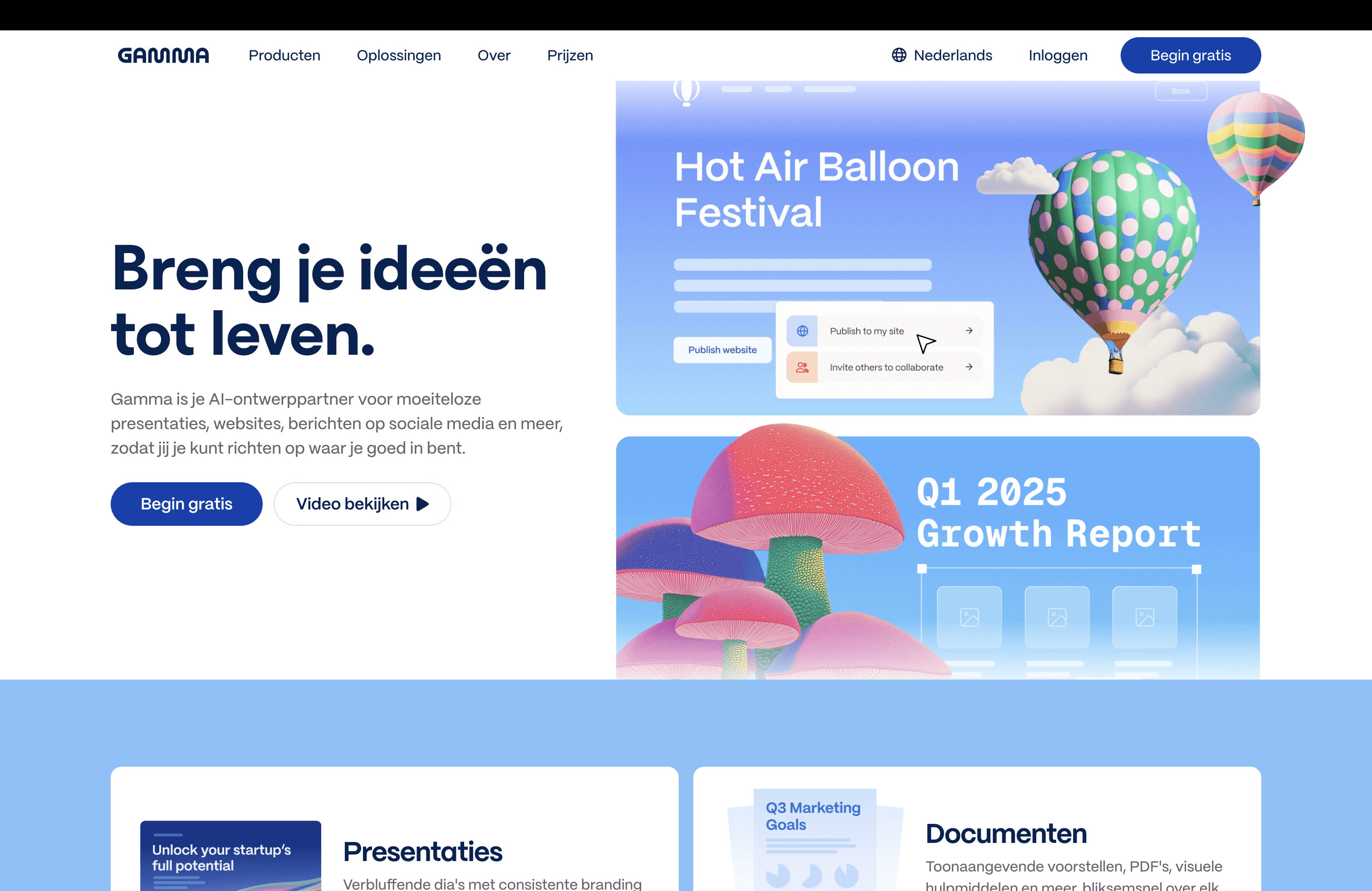 Screenshot van de homepage van Gamma AI