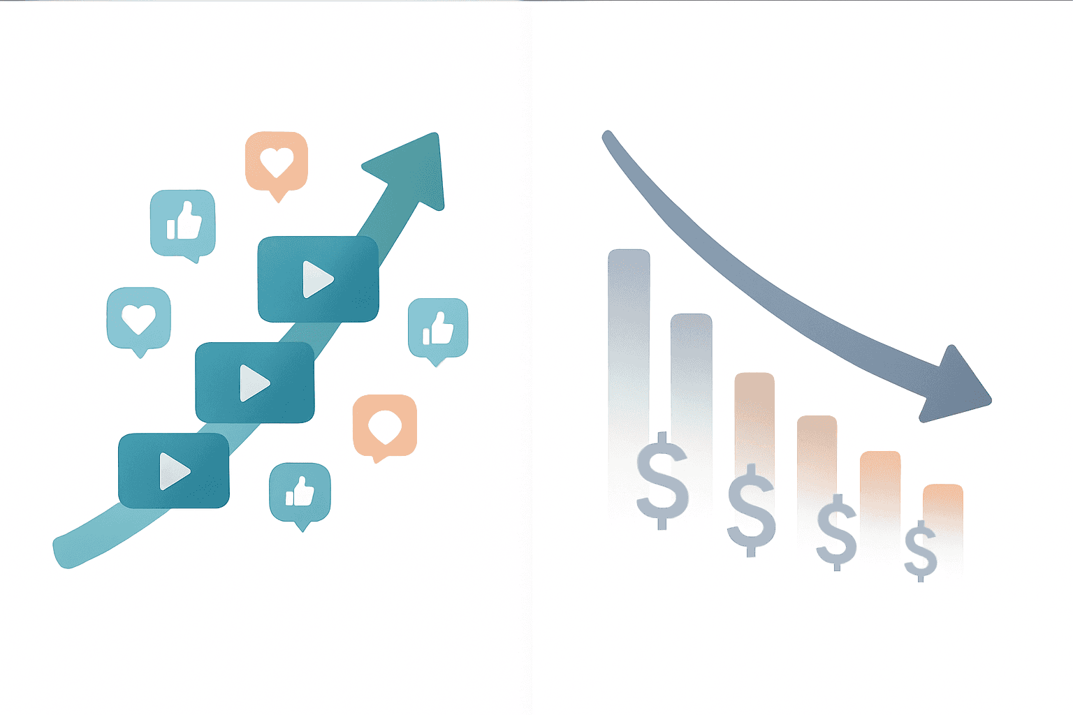 Abstract side-by-side illustration contrasting compounding organic video growth with declining paid ad returns