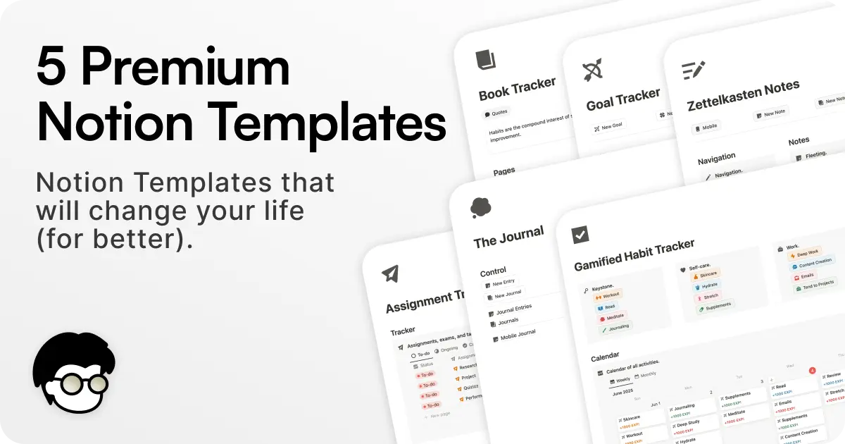 A white-gray gradient image that says "5 Premium Notion Templates" and shows 6 Notion templates all stacked on top of eachother on the right side.