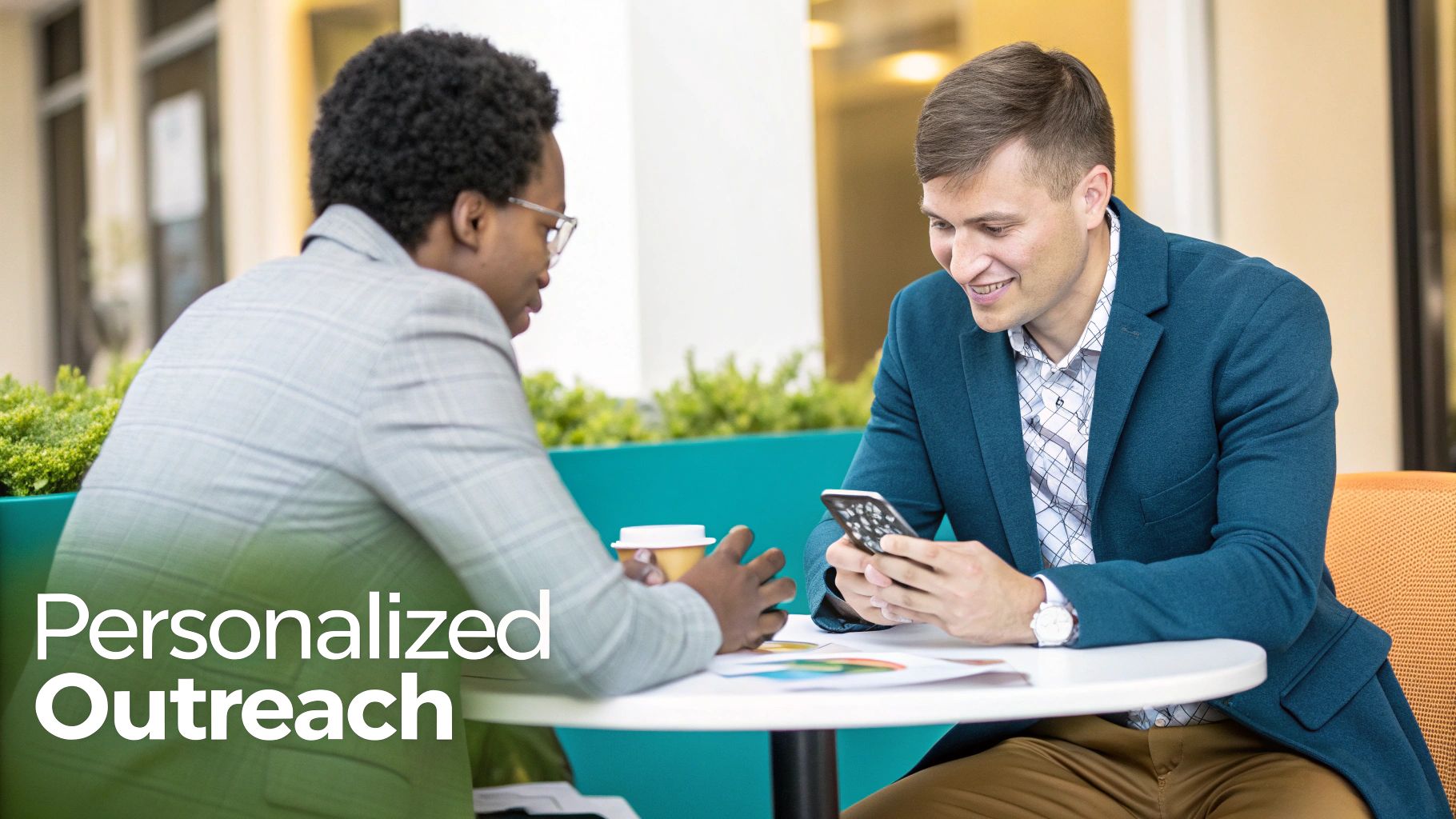 Two professionals in conversation at a table, one using a phone, the other with a coffee.