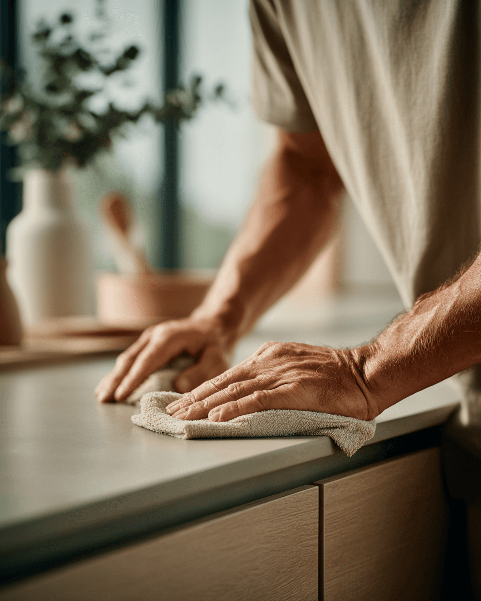 SilentAngels® Manager wischt gründlich eine Küchenoberfläche – SilentAngels® Grundreinigung Küche für hygienische Sauberkeit und gepflegte Küchenbereiche.