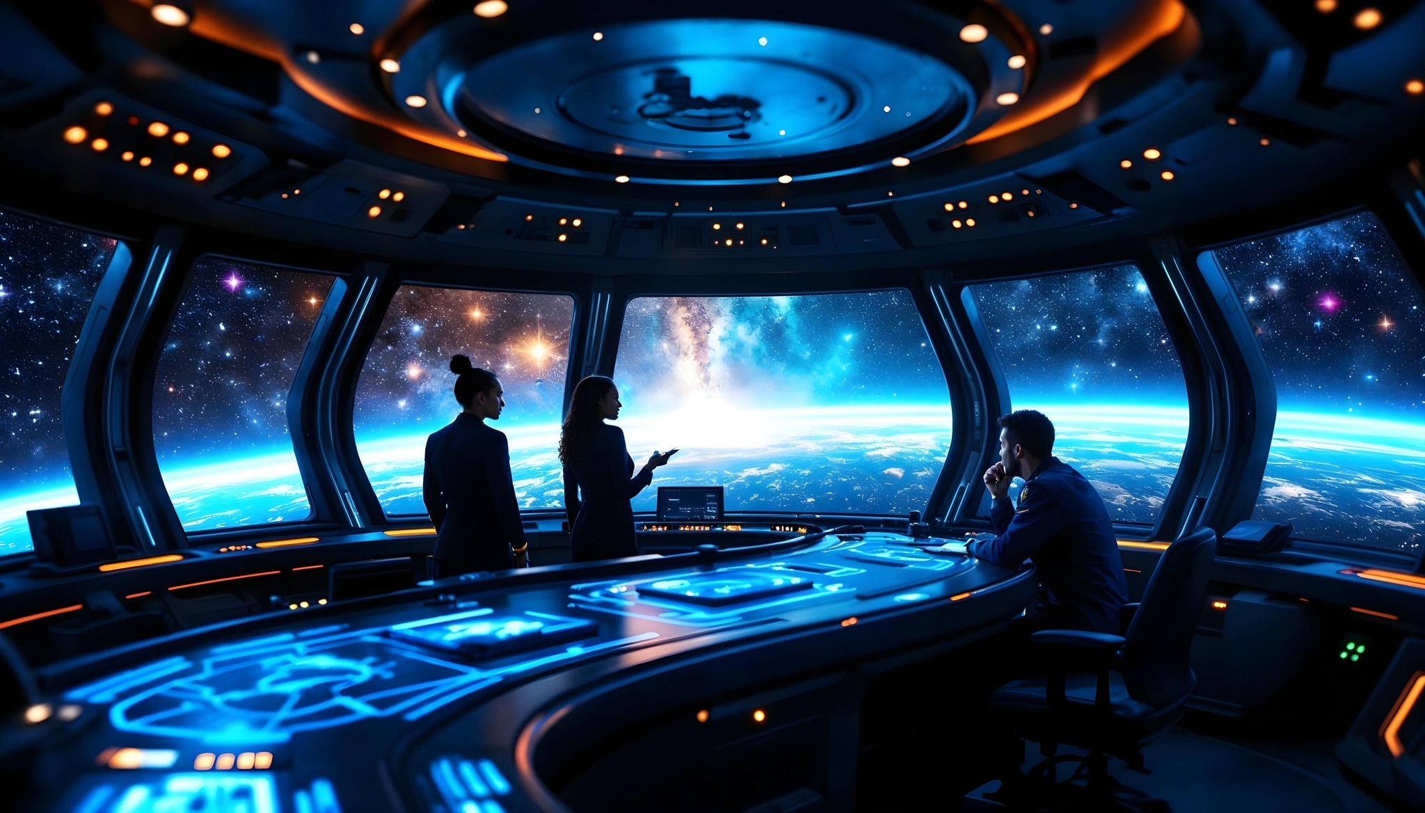 A futuristic spaceship control room with large panoramic windows revealing a view of Earth and stars. Three silhouetted figures are discussing at a high-tech console with glowing blue panels, surrounded by advanced instruments and displays.