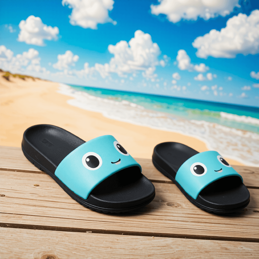 product photography of a pair of casual slide sandals with a playful design