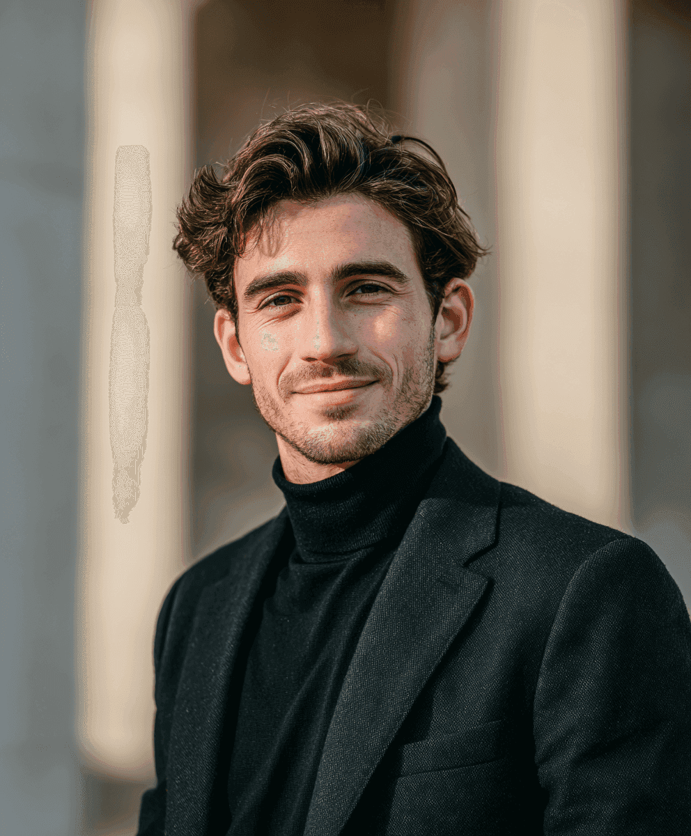Man with brown hair wearing a black turtleneck and blazer, smiling slightly. The background is softly blurred, suggesting an outdoor, sunny setting.