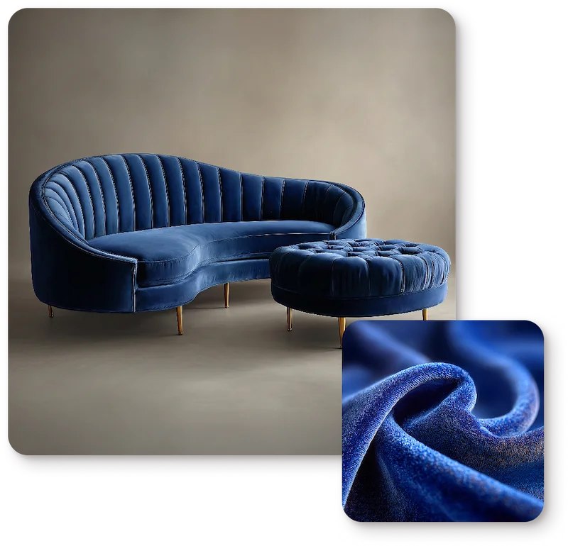 Blue velvet couch and fabric swatch