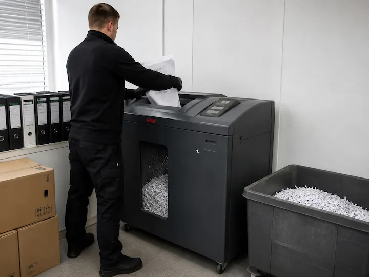 Mitarbeiter vernichtet Akten in einem großen Schredder im Büro