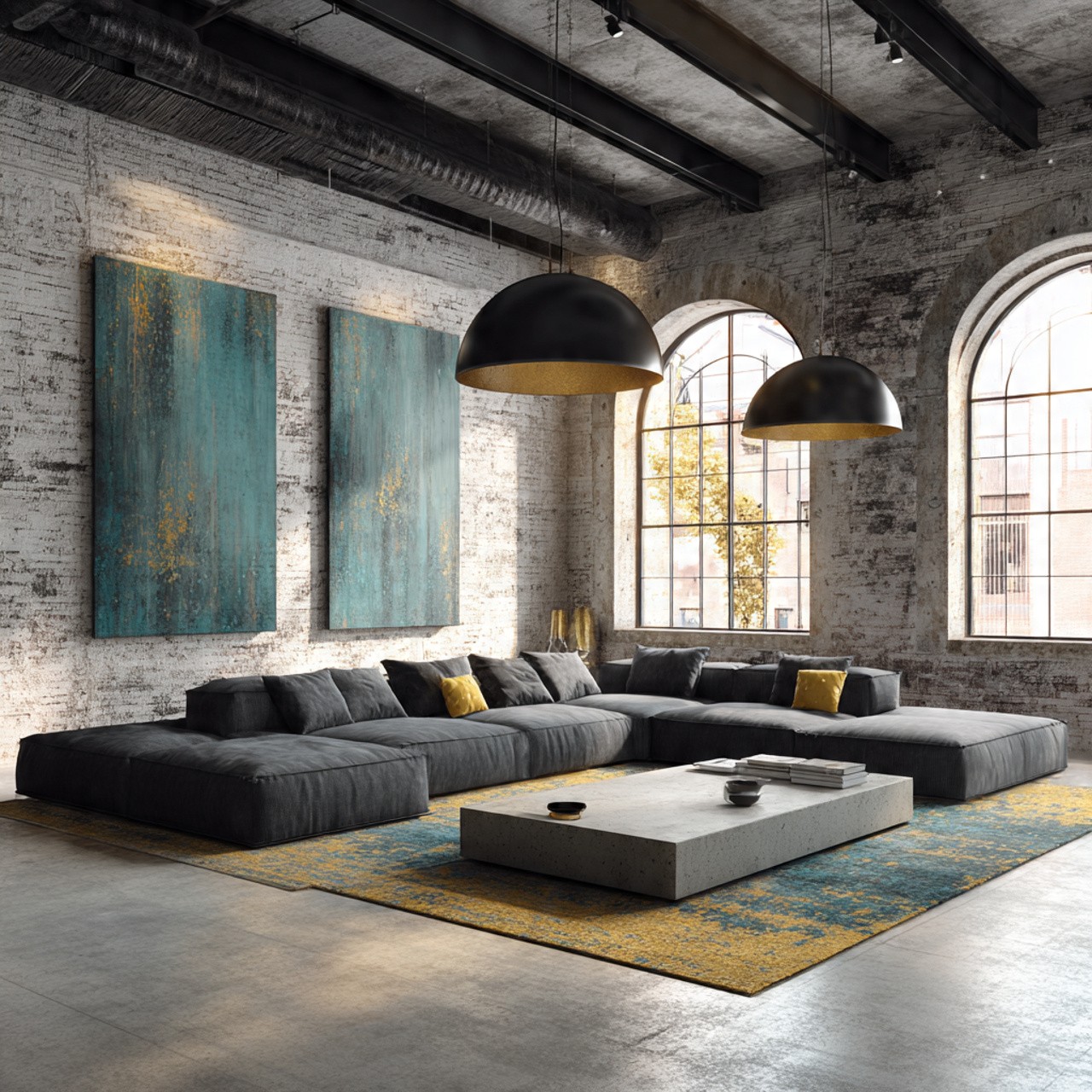 Spacious industrial-style living room with large gray sectional sofa, two teal abstract paintings, concrete coffee table, and arched windows, exuding modern elegance.
