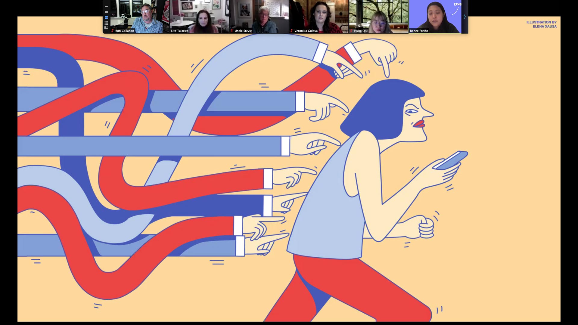illustration of woman using phone with many arms poking her on the back
