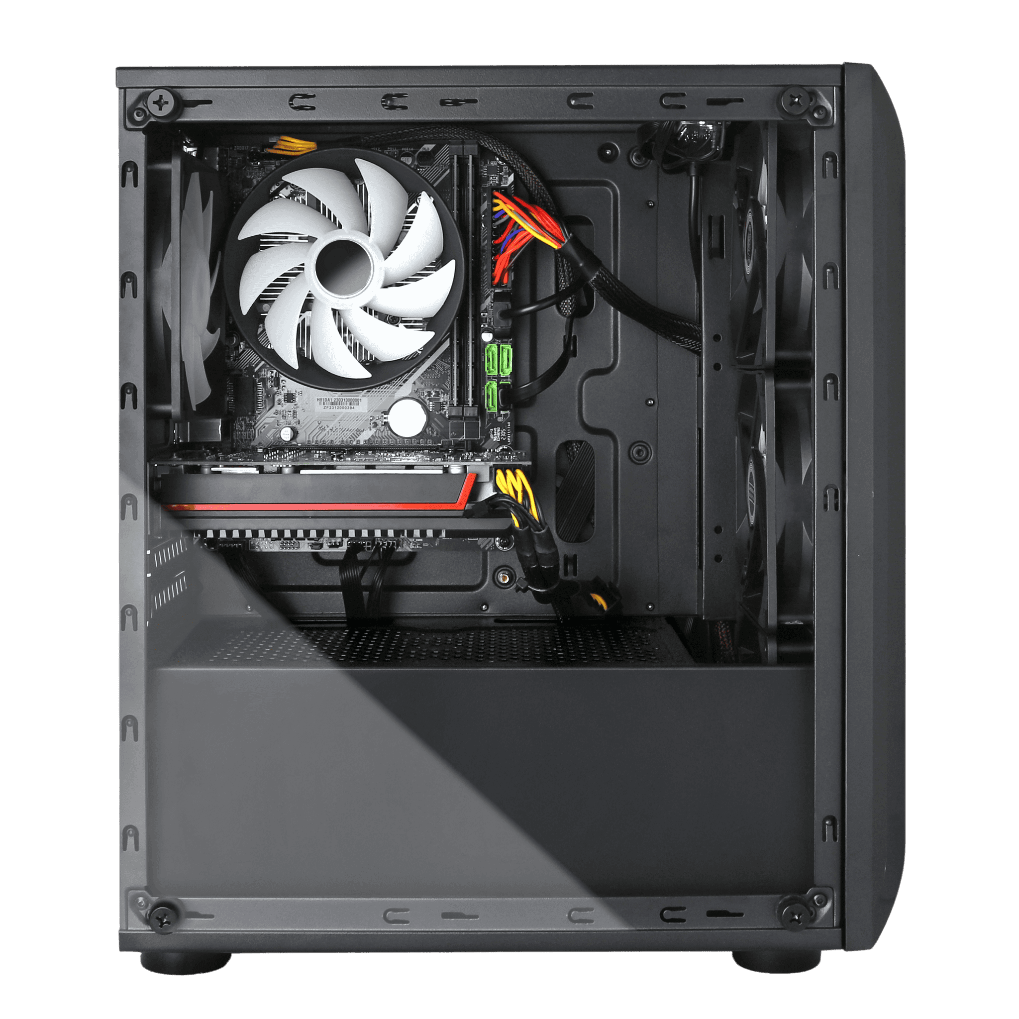 Close-up view of a gaming PC case with visible cooling components, including a large fan and the inside of the case with well-organized cables. Ideal for those looking to build a custom gaming PC with high-end components for 2023, featuring a modern configuration suited for high-performance gaming and machine learning tasks. Perfect for buyers who are interested in the best gaming PCs, offering top performance for video games and online gaming. The setup showcases key parts like a high-end cooling system and motherboard.