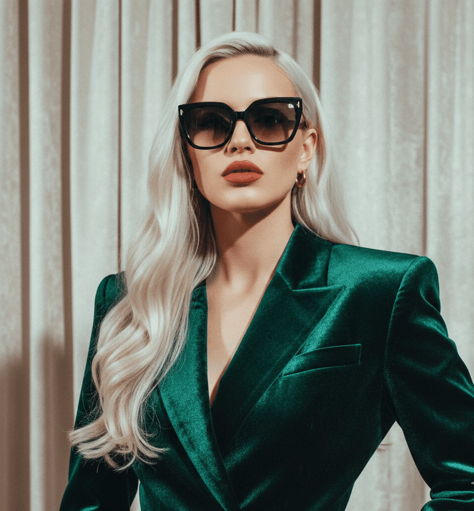 Woman in green blazzer and the black glasses