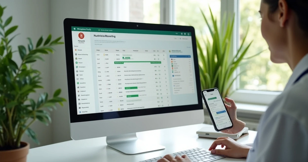 Nutricionista analisando planos digitais no computador