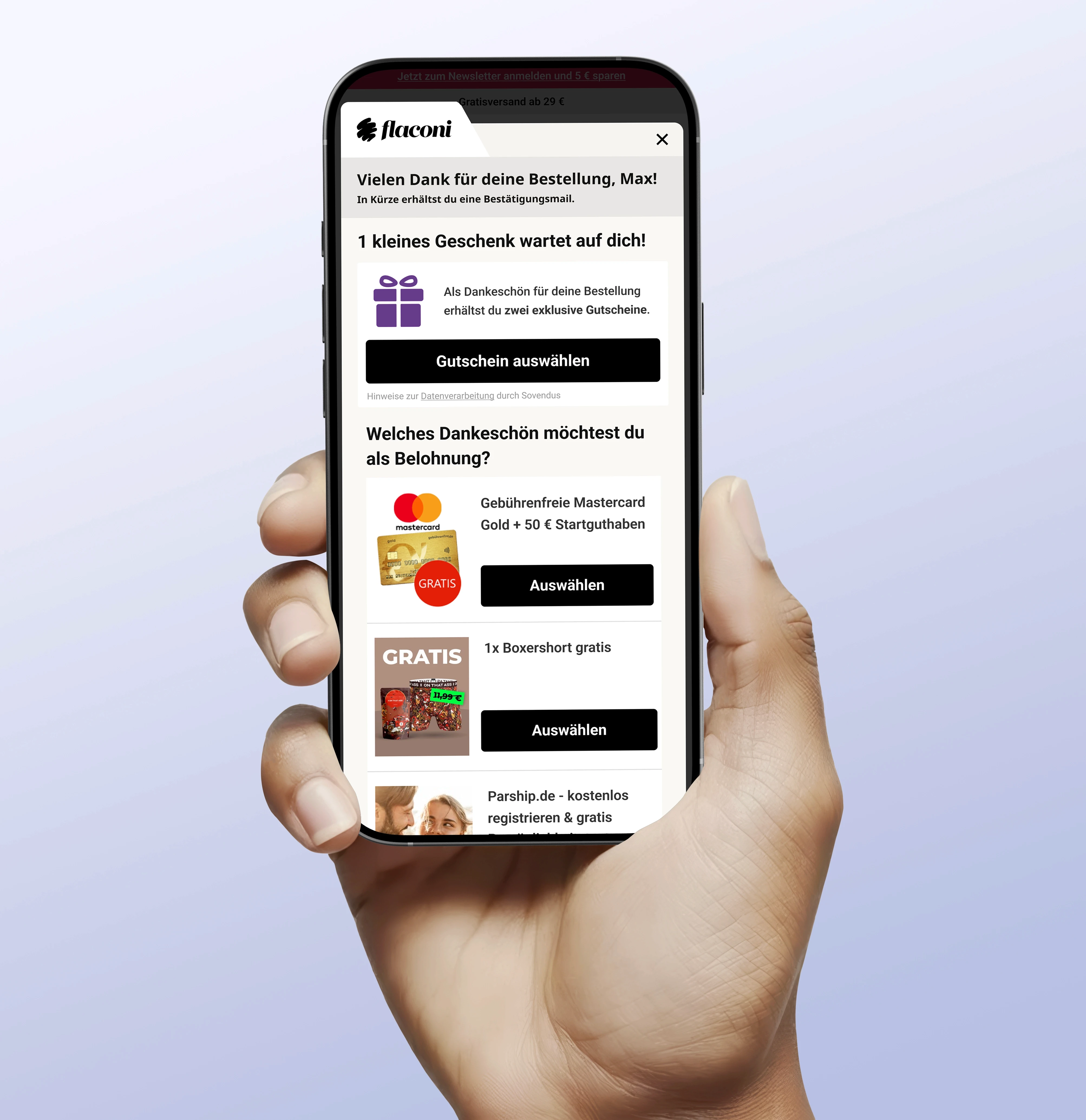 Smartphone mit Sovendus Produkt-Screen