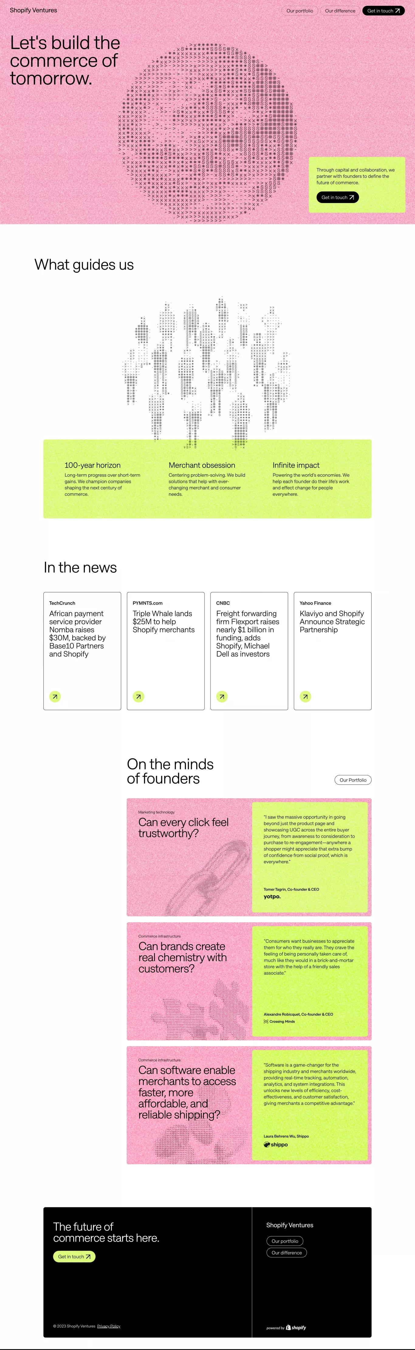 Shopify Ventures landing page screenshot showcasing Tech and Finance design