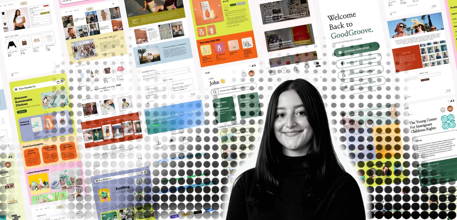 Chloe smiling in front of collaged UI design prototypes in various colors and layouts.