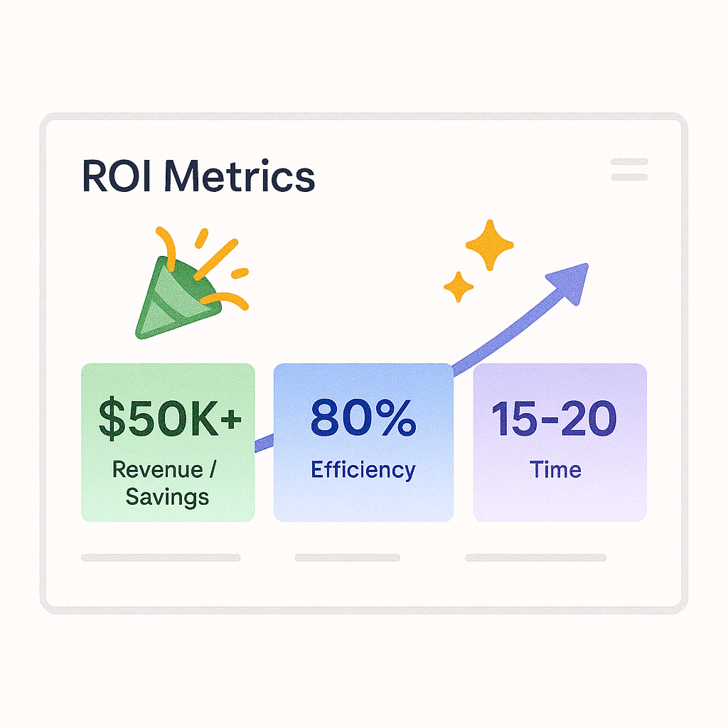 Clean dashboard interface labeled “ROI Metrics,” showing three colorful cards with $50K+, 80%, and 15–20 hrs/week, with confetti and sparkles for a success theme.