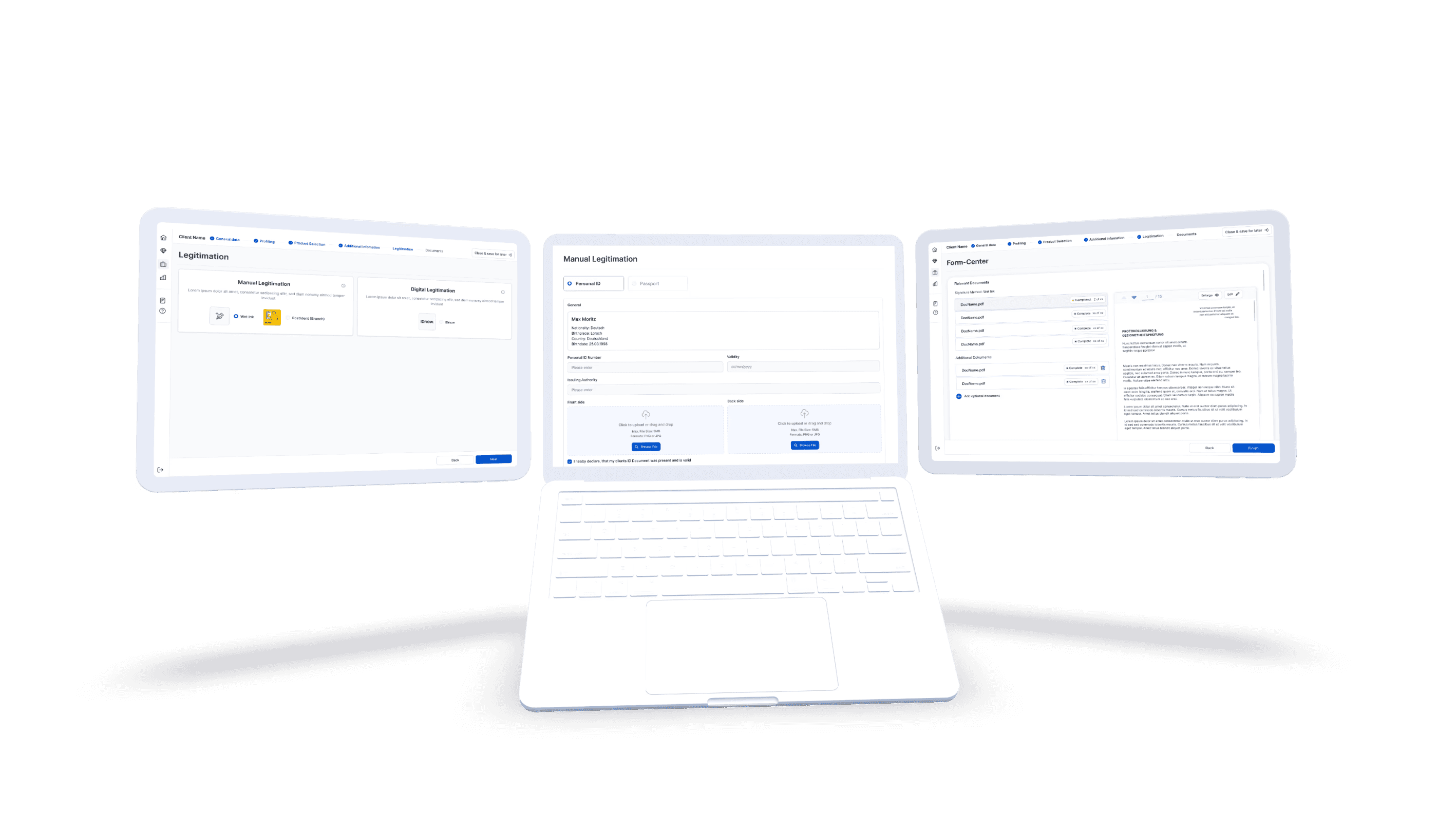 Übersicht des Onboarding-Prozesses auf mehreren Bildschirmen, mit verschiedenen Schritten wie Dokumenten-Upload und Benutzerformulare.