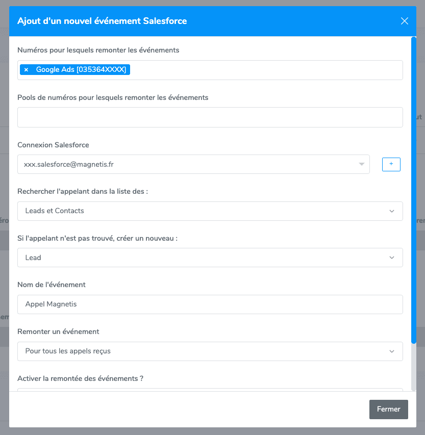Configuration événement