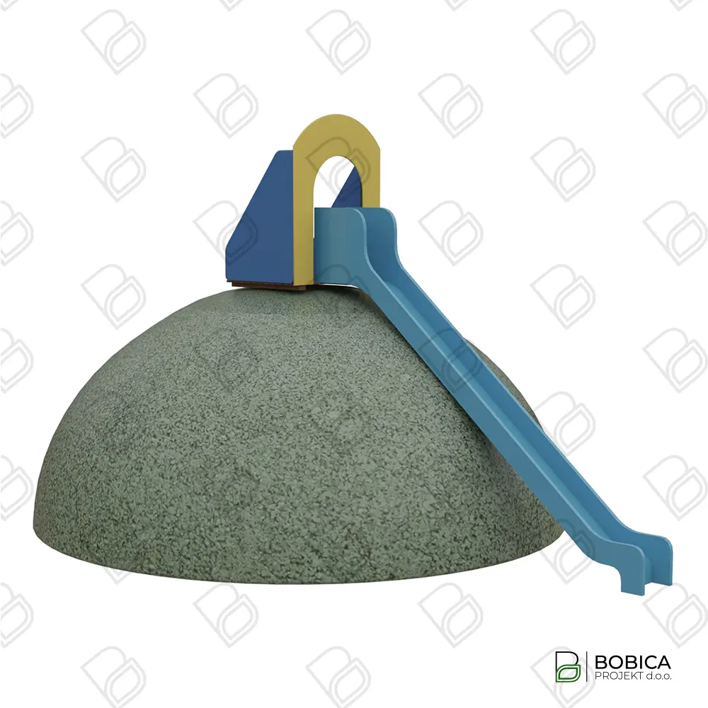 Plavi dječji tobogan s ulaznim portalom montiran na zeleni gumirani brežuljak za vanjska igrališta - BOBICA PROJEKT