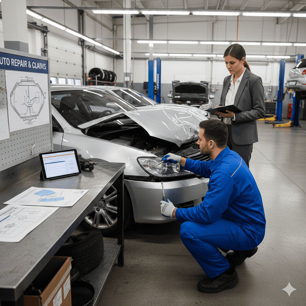 A professional car repair workshop showing a technician assessing accident damage on a vehicle while discussing repair options with the car owner. Documents and repair estimates are visible, illustrating the insurance claim process.