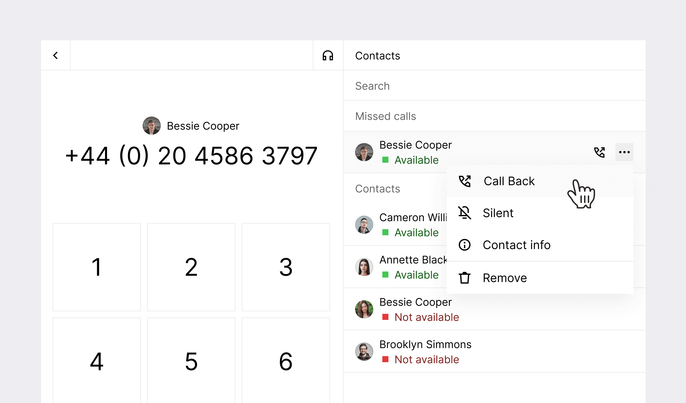 Interface de Smartphone affichant une liste de contacts avec des options pour la communication client, y compris "Call Back," mettant en évidence l'interaction utilisateur et la gestion des contacts.