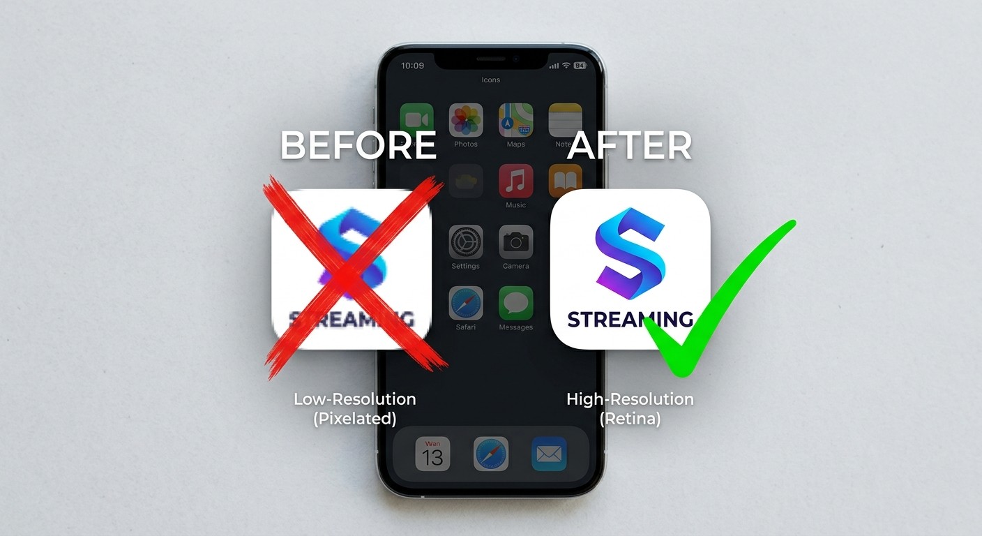 Side-by-side comparison of a blurry pixelated app icon versus a crisp high-resolution app icon on a phone screen.