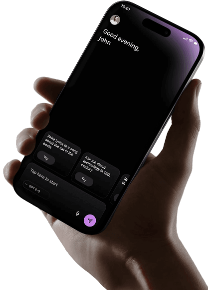 Nextio designed mobile AI app UI on iPhone, featuring chat with GPT-6-O and suggested writing prompts.