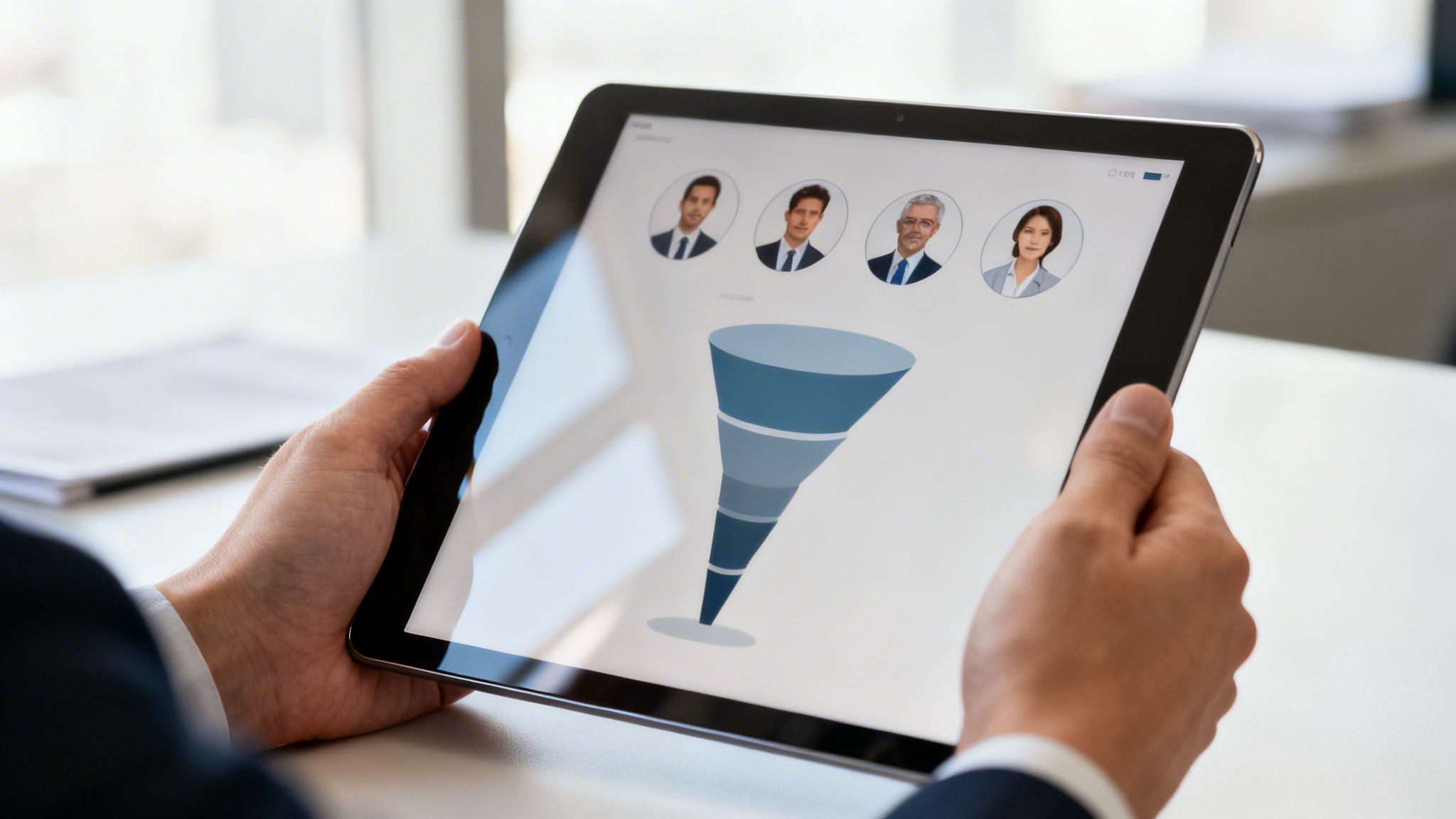 Una persona sostiene una tablet que muestra un embudo de reclutamiento o ventas con fotos de perfil de profesionales.