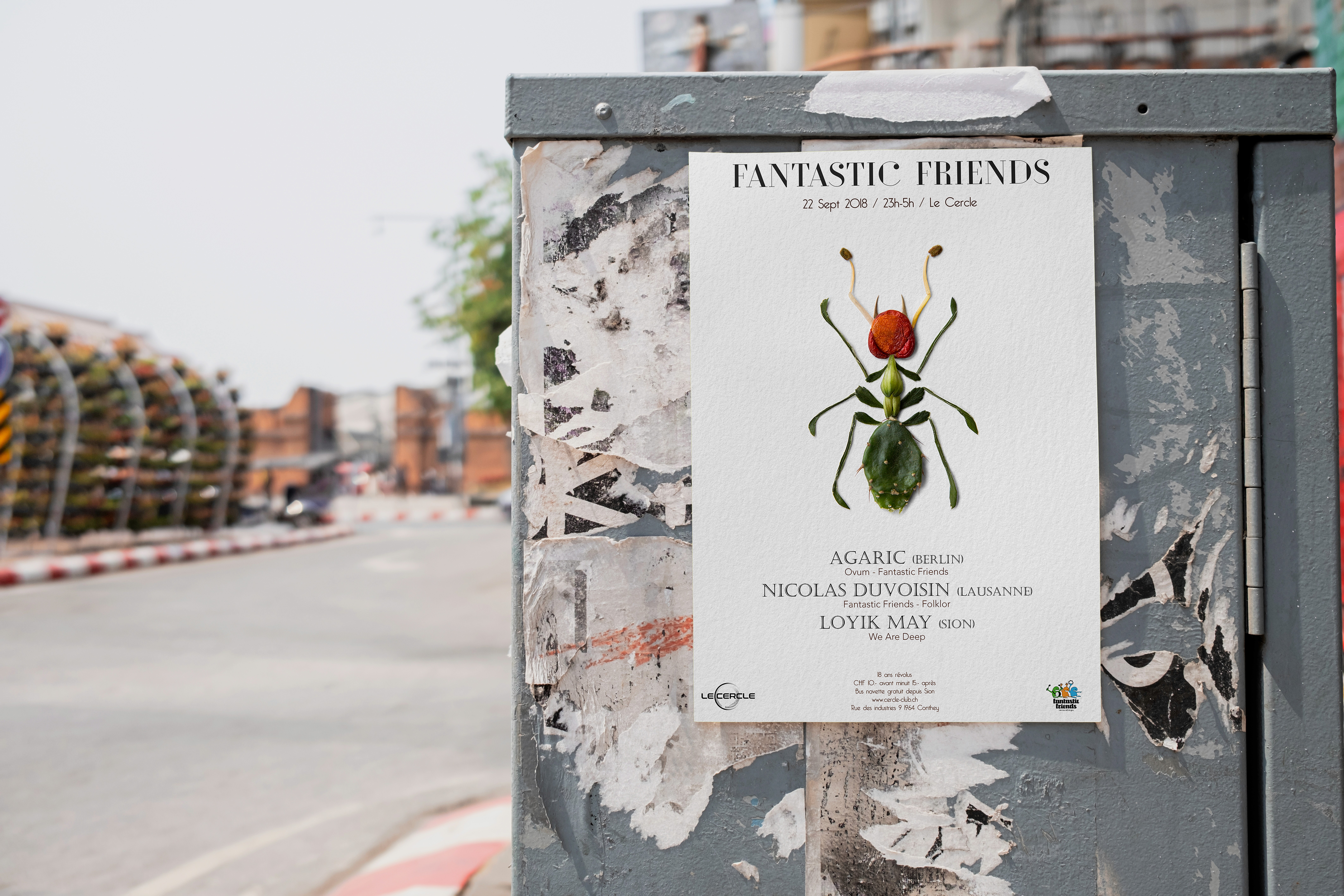 Event flyer with illustrated beetle on urban street background